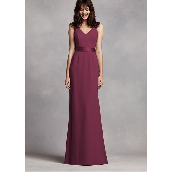 long v neck crepe gown with open back